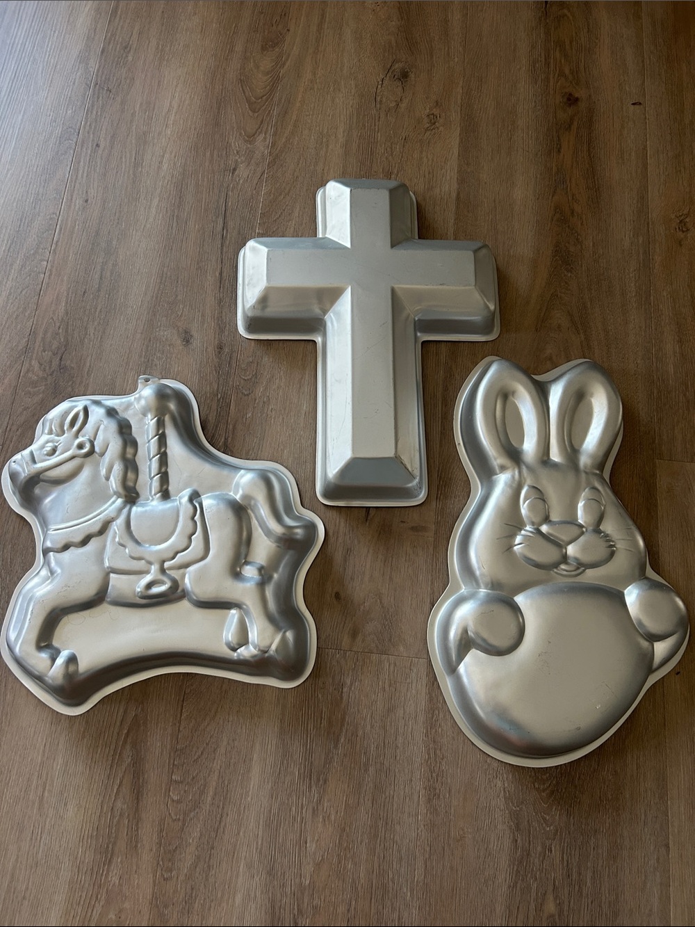 Silver Bunny with egg, Carousel Horse & Cross cake pans